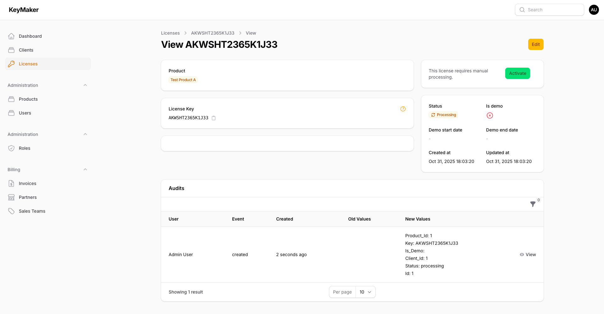 Screenshot of the License Processing interface