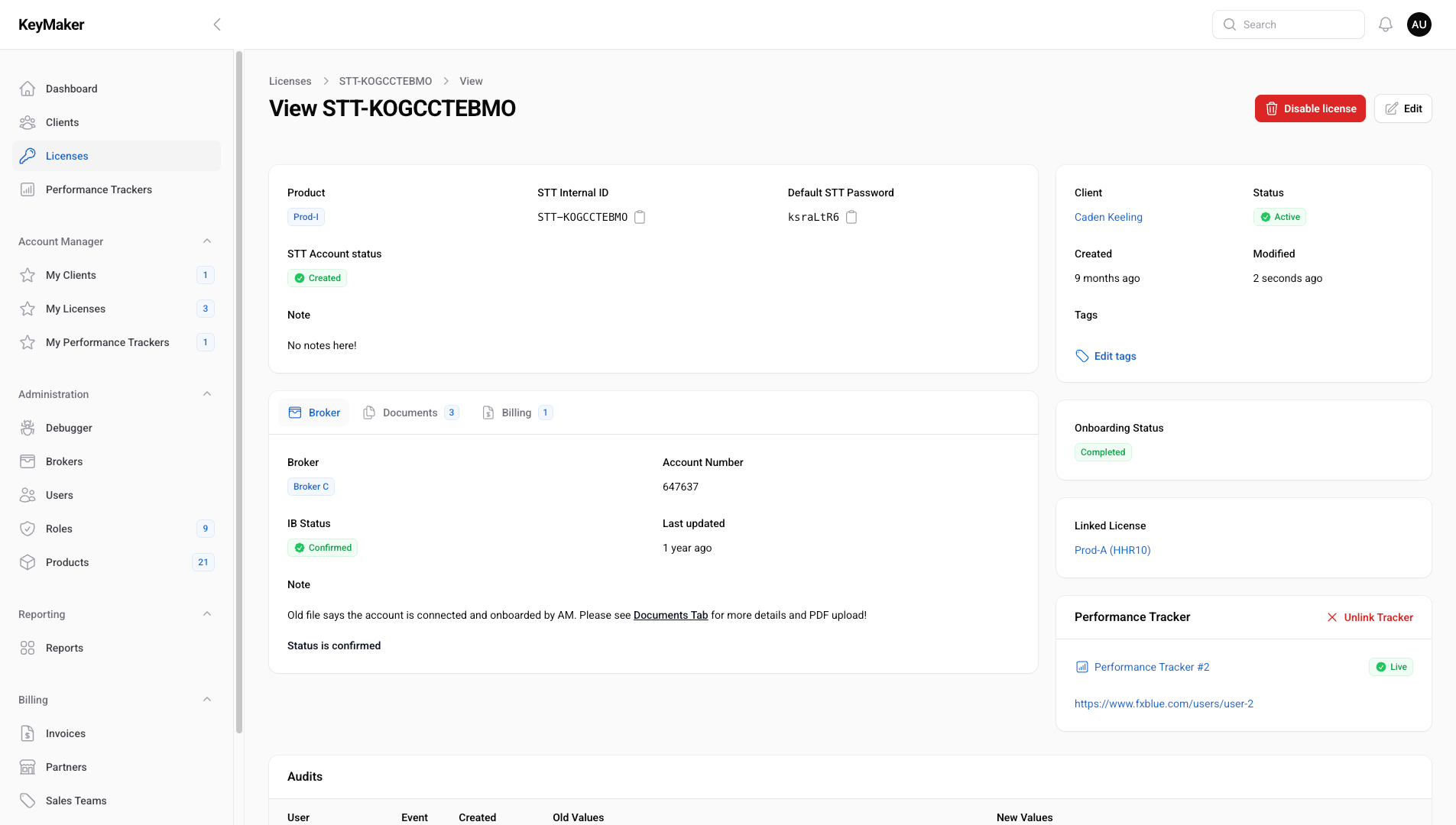 Screenshot of a license detail page showing broker, account number, IB status, and tags