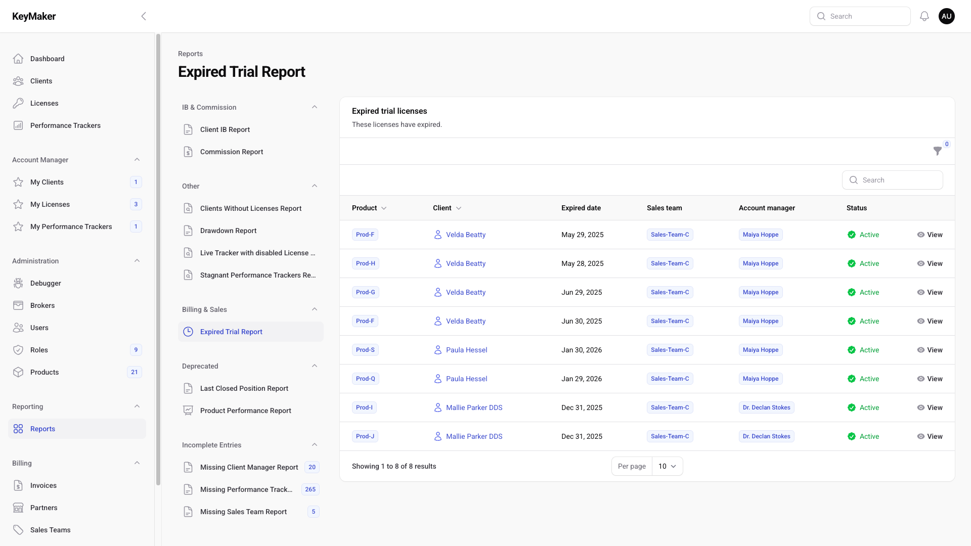 Screenshot of the Expired Trial Report listing expired trial licenses