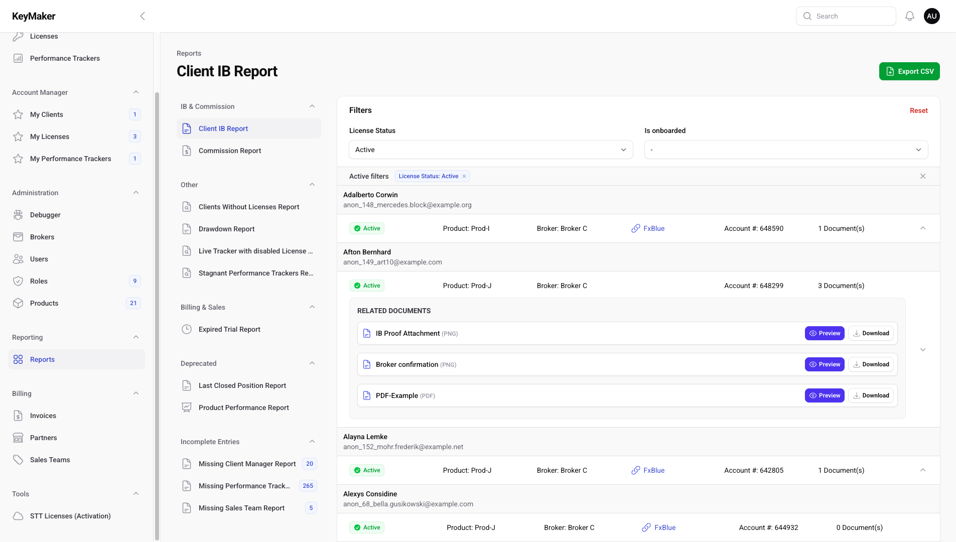 Screenshot of the Client IB Report with filters and related documents