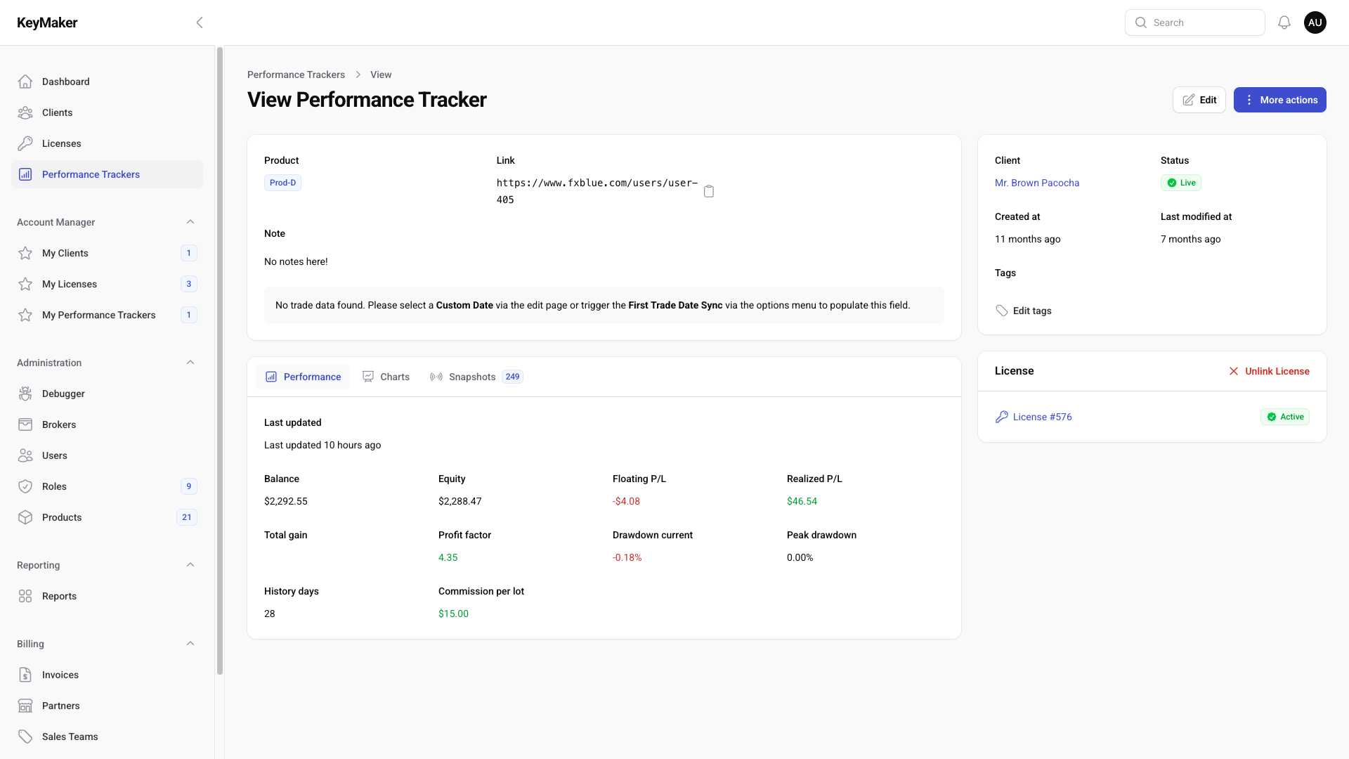 Screenshot of a live Performance Tracker showing balance, equity, and drawdown